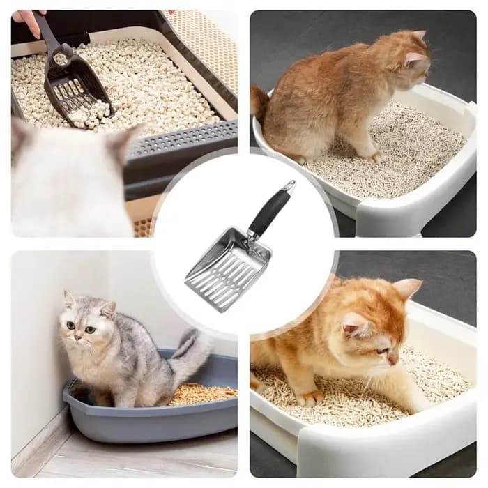 1 pièce Pelle à litière pour chien et chat en acier inoxydable, réduit la poussière, avec long manche en métal, outil de nettoyage pour animaux de compagnie