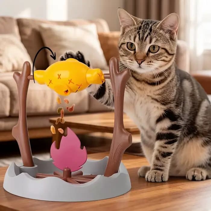 Jouet interactif pour chat en forme de barbecue d'extérieur - Distributeur de nourriture roulant avec friandises cachées