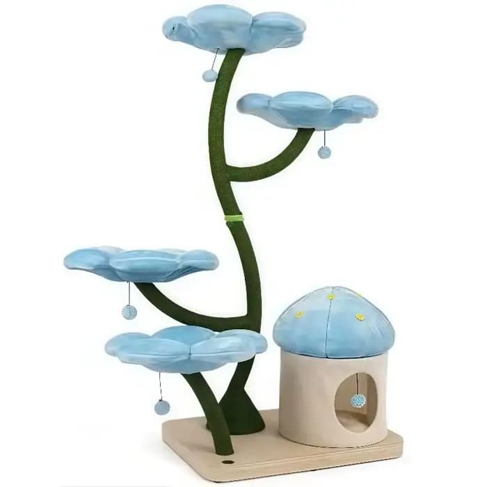 Arbre à chat luxueux et haut avec maison en forme de fleur