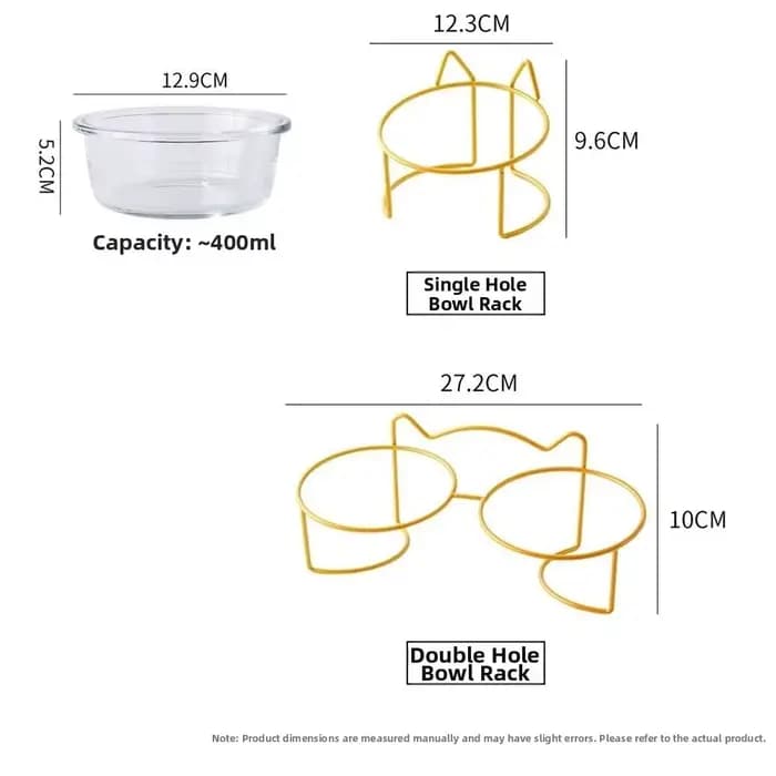 Bol en verre double paroi 400 ml pour chat et chien avec support en fer doré, gamelle pour chiot, accessoires pour animaux de compagnie, chat et chien