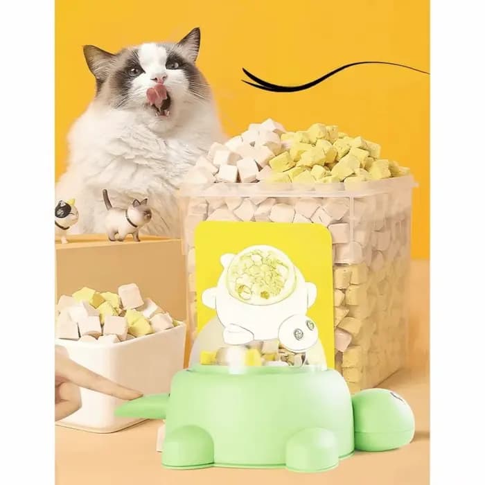 Distributeur de friandises pour chat en forme de tortue verte avec fenêtre transparente et 3 couvercles