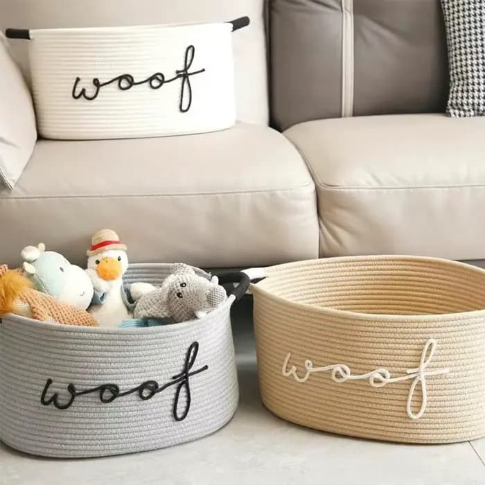 Panier rangement en corde coton fabriqué à main pour jouets chien