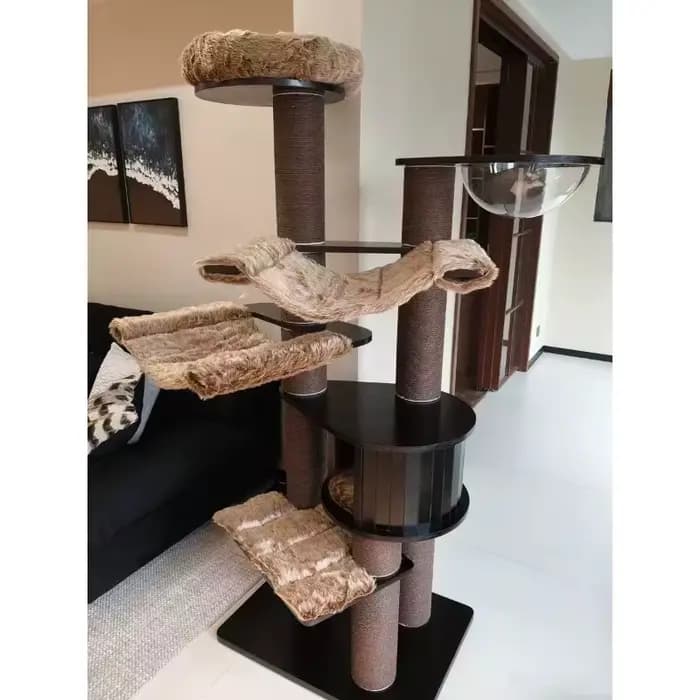 Arbre à chat en bois brun de luxe moderne avec lit en flanelle de luxe