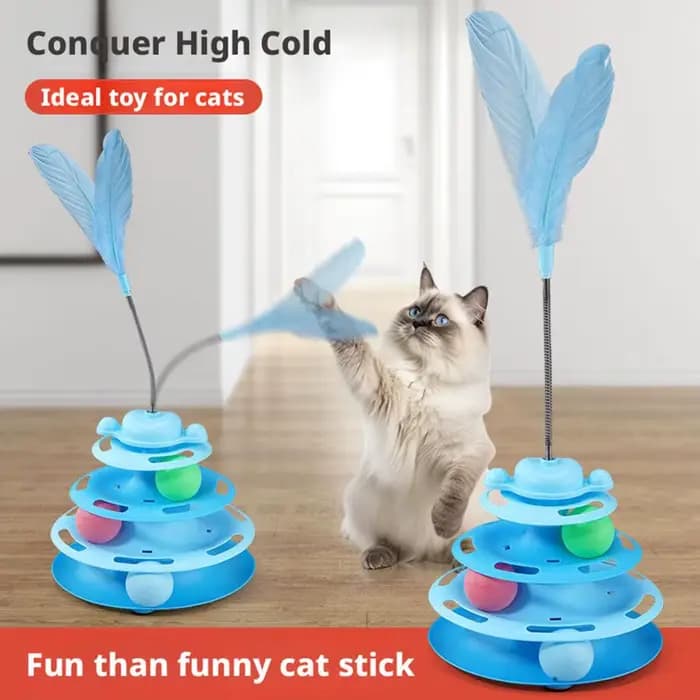 Jouet interactif pour chat : Tour de jeu avec boule tournante, piste à billes et plumes pour chatons – Fournitures d'entraînement pour animaux de compagnie