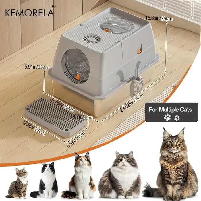 KEMORELA Bac à litière pour chat en acier inoxydable avec couvercle – Conception haute face fermée anti-odeur avec cuillère anti-fuite et facile à nettoyer