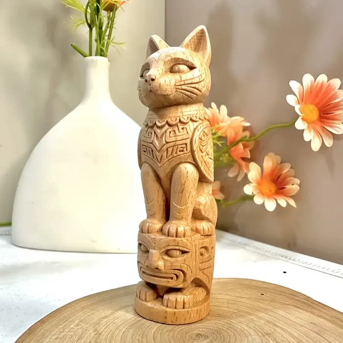 Statue de totem de chat en bois de 3,9 pouces, sculptée à la main, style tribal, adaptée à la décoration de la maison, du salon, de la chambre, du bureau, de la salle d'étude, de la table à thé, cadea