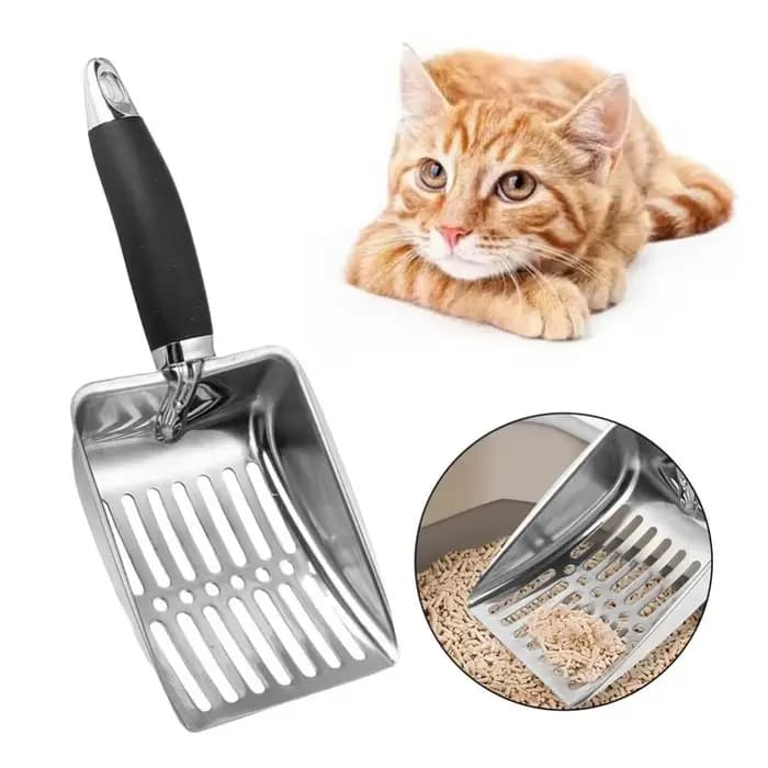 1 pièce Pelle à litière pour chien et chat en acier inoxydable, réduit la poussière, avec long manche en métal, outil de nettoyage pour animaux de compagnie