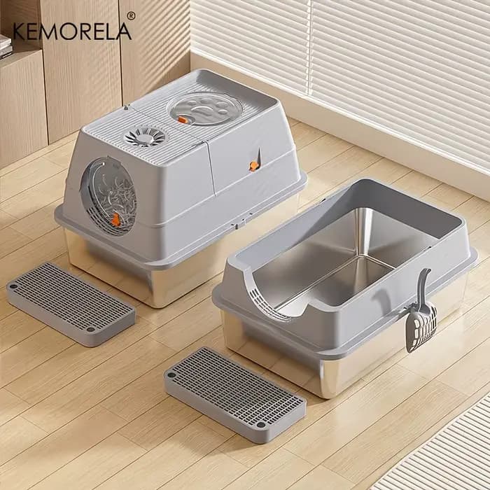 KEMORELA Bac à litière pour chat en acier inoxydable avec couvercle – Conception haute face fermée anti-odeur avec cuillère anti-fuite et facile à nettoyer