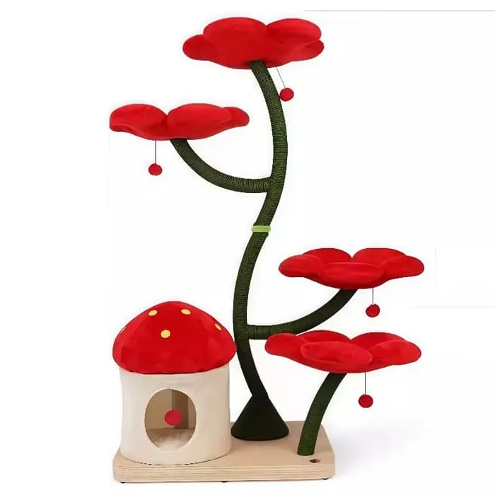 Arbre à chat luxueux et haut avec maison en forme de fleur