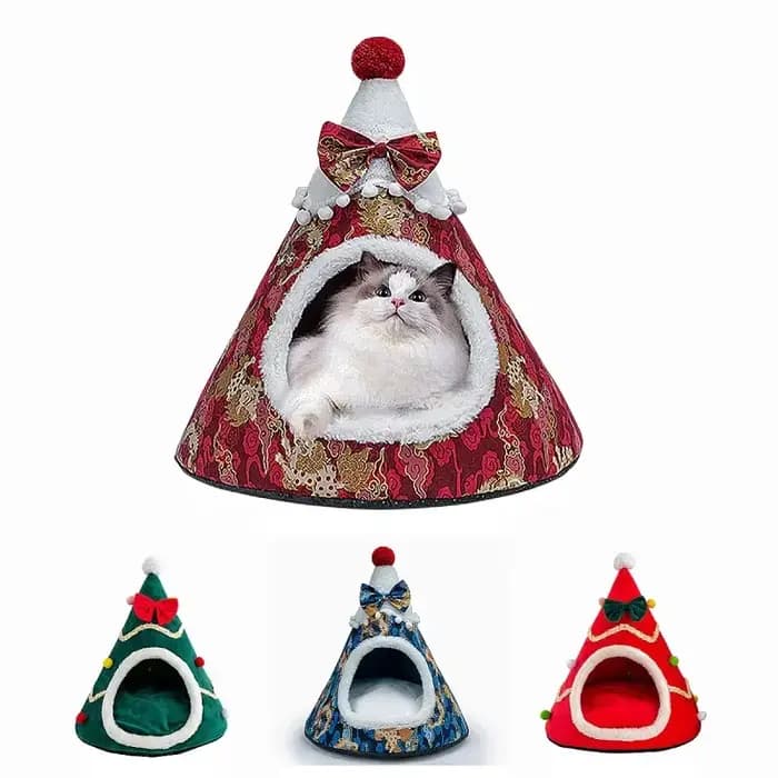 Nid de chat semi-fermé en forme d'arbre de Noël pour animaux de compagnie