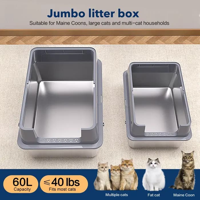 Bac à litière pour chat extra large en acier inoxydable XXL avec couvercle