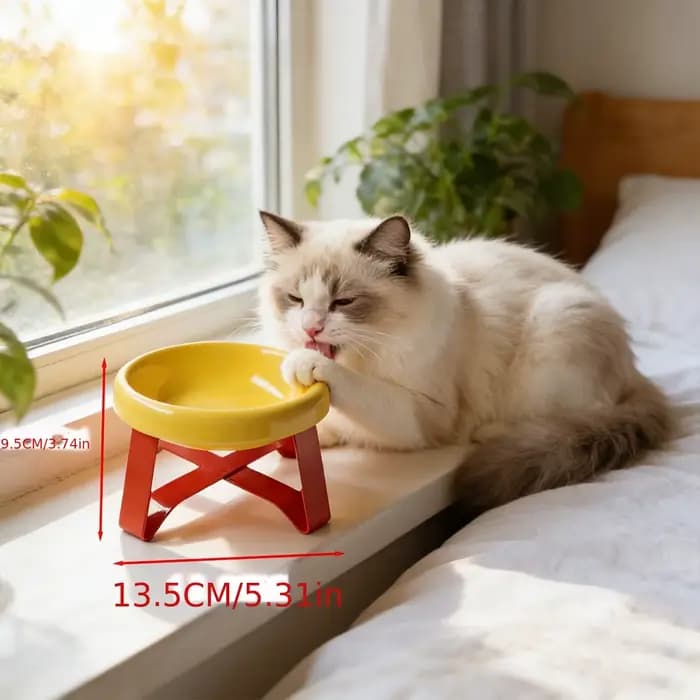 Bol en céramique surélevé pour chat avec support rouge en forme de T