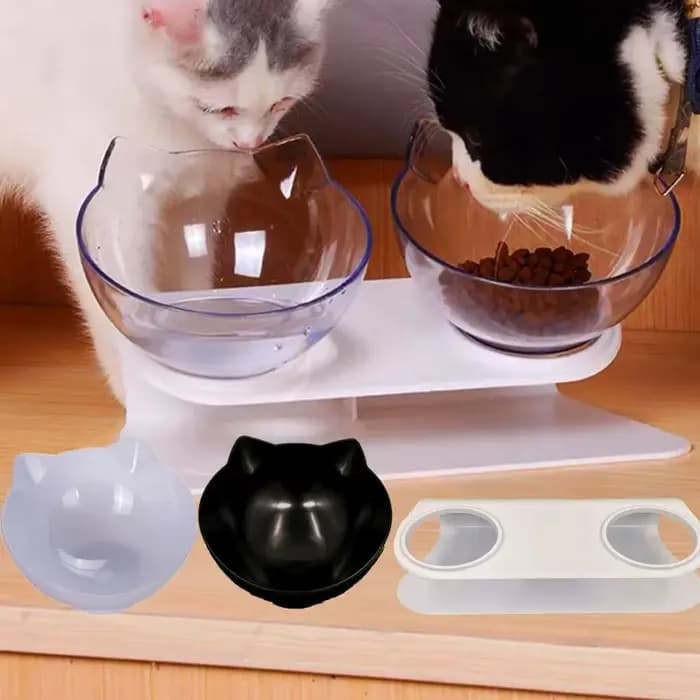 Double gamelle pour chat 15 ° Mangeoire surélevée inclinée pour animaux de compagnie avec support