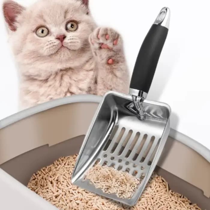 1 pièce Pelle à litière pour chien et chat en acier inoxydable, réduit la poussière, avec long manche en métal, outil de nettoyage pour animaux de compagnie