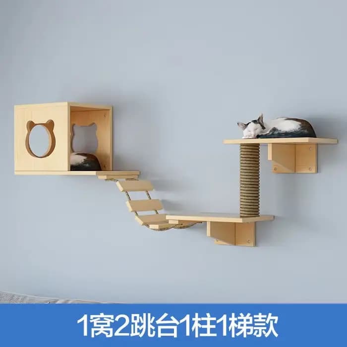 Arbre à chat mural en bois massif, étagère murale avec perchoir, condo, griffoir, capsule spatiale, lit pour chat, mobilier robuste pour animaux de compagnie