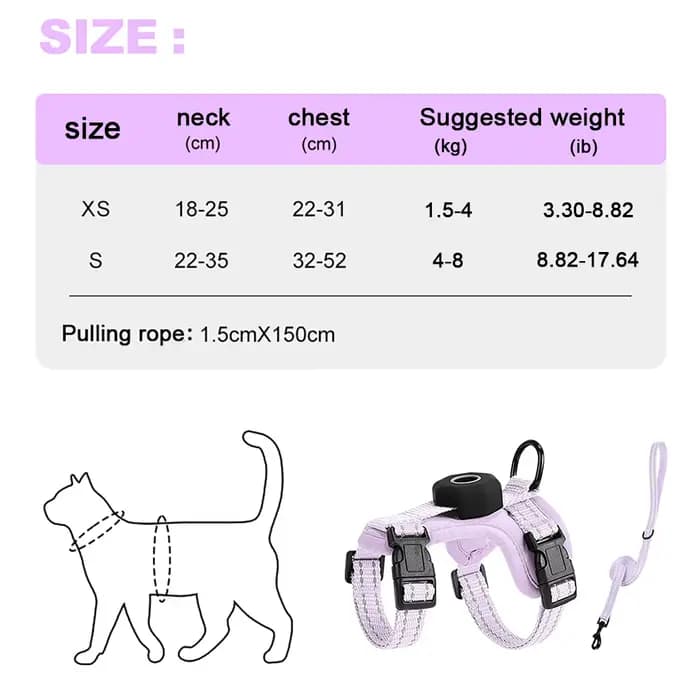 Harnais anti-évasion pour chat avec poche pour traceur GPS