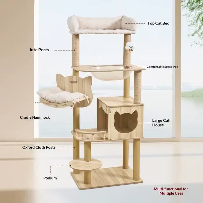 Grand arbre à chat en bois multi-niveaux avec griffoir