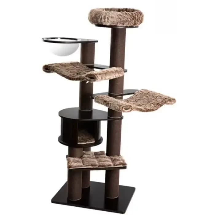 Arbre à chat en bois brun de luxe moderne avec lit en flanelle de luxe