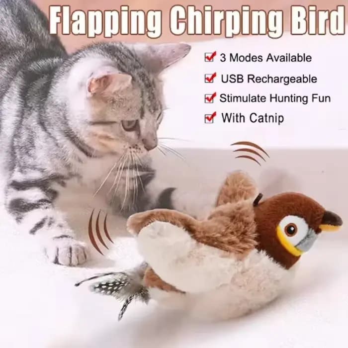 Jouet interactif pour chat et chien, oiseau qui chiaie et bat des ailes (non volant), jouet en peluche activé par le toucher pour animaux de compagnie