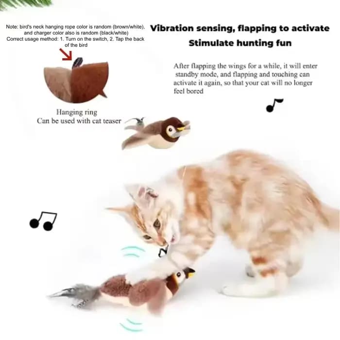 Jouet interactif pour chat et chien, oiseau qui chiaie et bat des ailes (non volant), jouet en peluche activé par le toucher pour animaux de compagnie