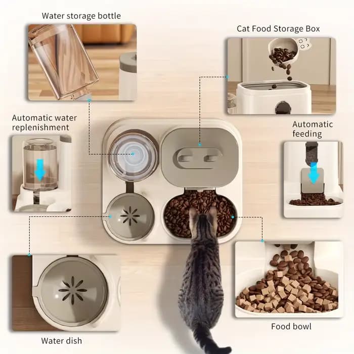 Distributeur automatique de nourriture pour chats avec fontaine à eau intégrée et design anti-déversement