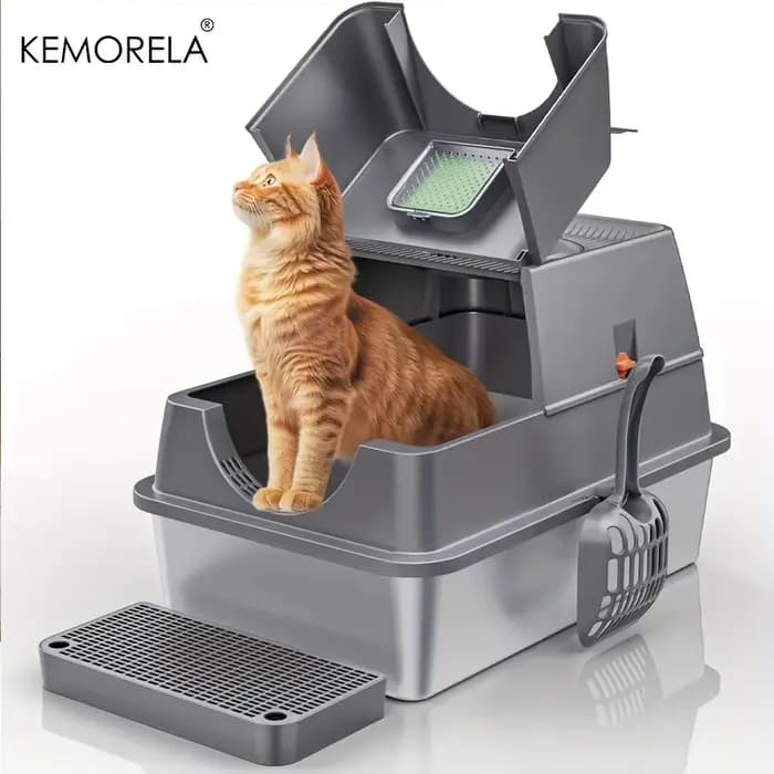 KEMORELA Bac à litière pour chat en acier inoxydable avec couvercle – Conception haute face fermée anti-odeur avec cuillère anti-fuite et facile à nettoyer