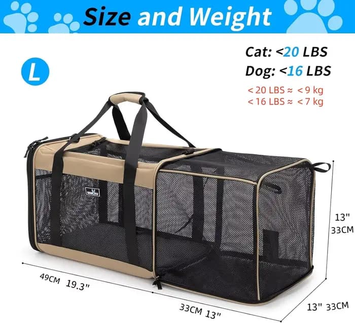 Porte-animaux extensible approuvé par la compagnie aérienne pour petits chats, sac de voyage pliable avec Oxford 600D, fermeture éclair de verrouillage de sécurité, S