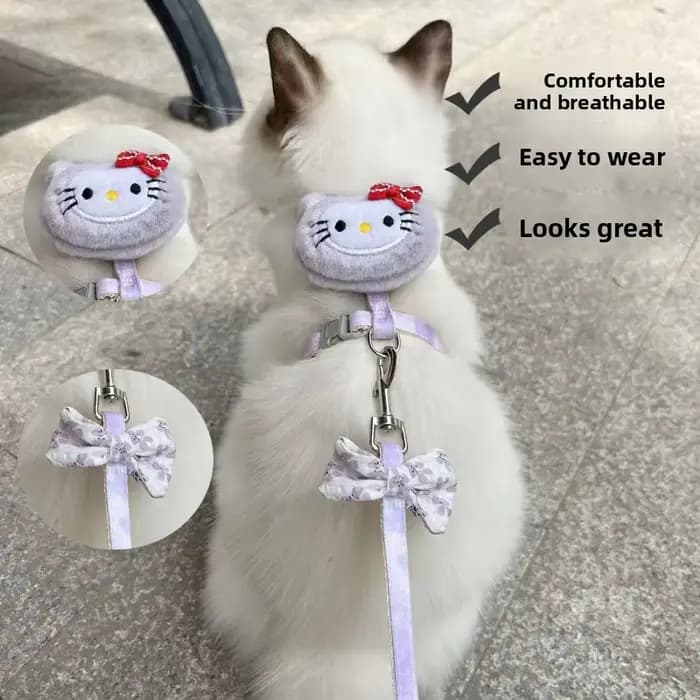 Ensembles de harnais et de laisse pour chat Hello Kitty avec corde de 150 cm, harnais réglable pour chien, sangle respirante pour promenade, accessoire pour chat