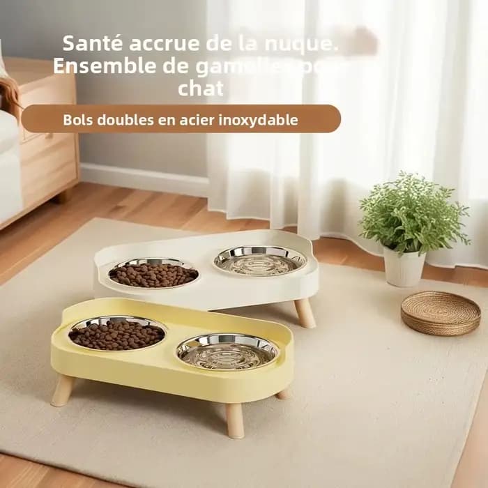 Distributeur surélevé pour animaux de compagnie Dopamine Colorful : Double gamelle en acier inoxydable avec support