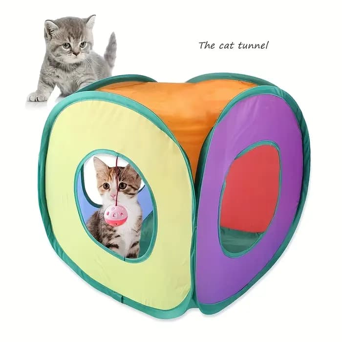 Tunnel carré pliable arc-en-ciel pour chat avec balle suspendue, abri interactif pour animaux de compagnie, maisonnette de jeu, grotte pour chat