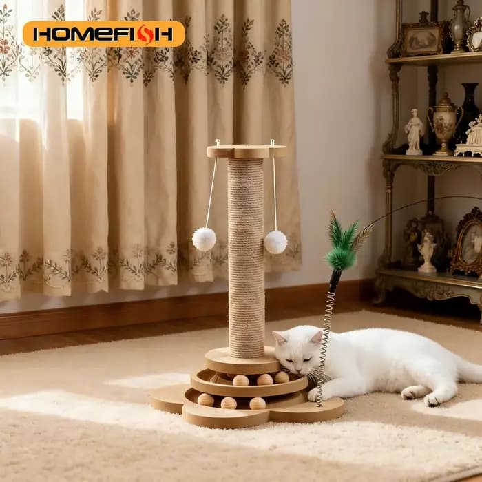 Jouet pour chat en bois massif, plateau tournant pour chat, boules de bâton amusantes, planche à gratter en Sisal Durable, fournitures pour chat, colonne de préhension pour chat
