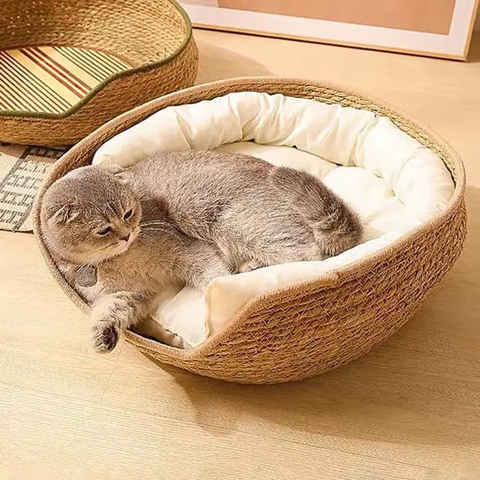 Panier-lit pour chat, coussin tissé à la main et tapis de repos