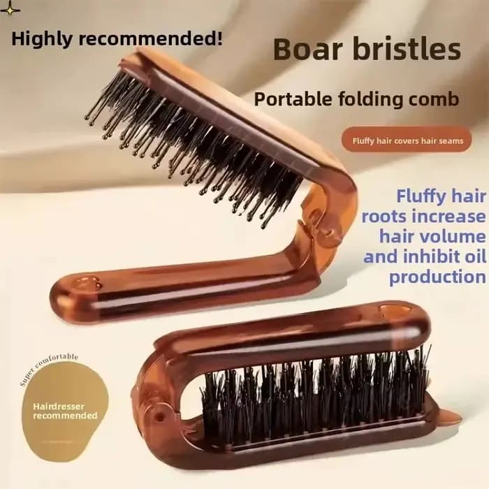 Brosse à cheveux pliable portable en poils de sanglier, peigne de voyage, accessoire de coiffure avec fonction de massage du cuir chevelu