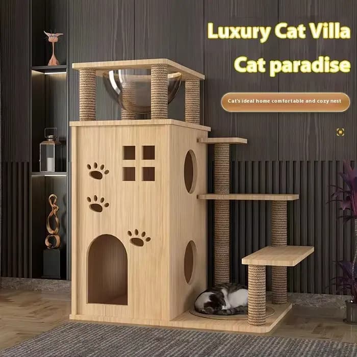 Arbre à chat en bois massif intégré à une villa pour animaux de compagnie et un lit
