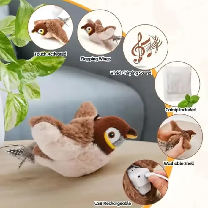 Jouet interactif pour chat et chien, oiseau qui chiaie et bat des ailes (non volant), jouet en peluche activé par le toucher pour animaux de compagnie