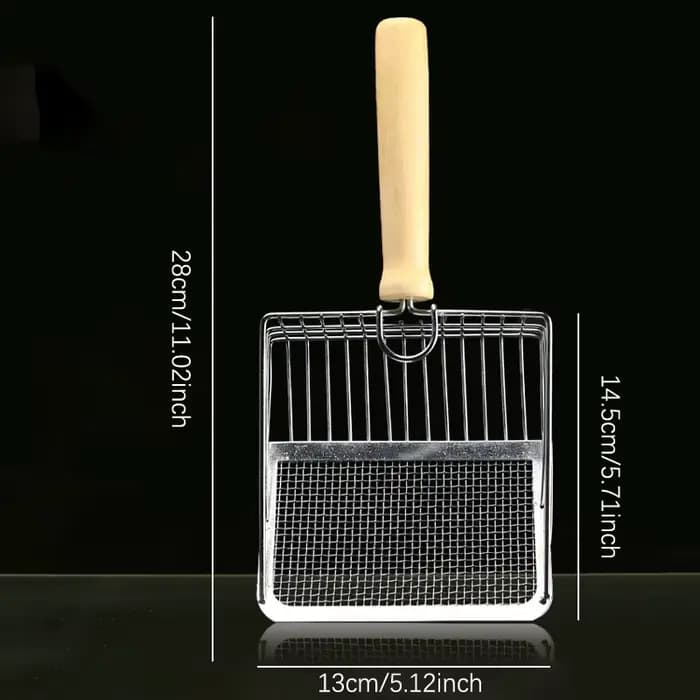 Pelle à litière pour chat en acier inoxydable avec manche en bois