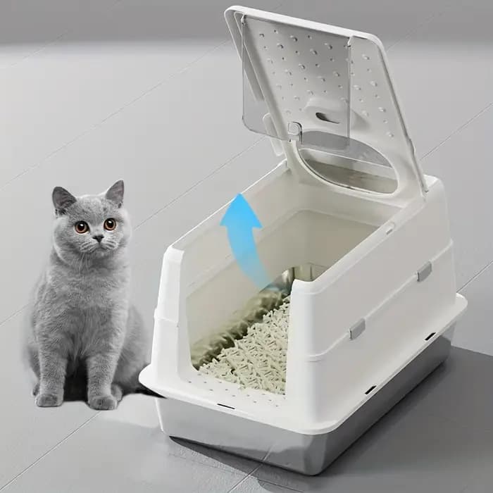 Nouvelle bac à litière pour chat en acier inoxydable avec couvercle rabattable