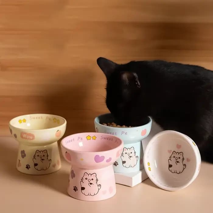 Bol en céramique pour chat anti-renversement, bol à nourriture pour chien mignon, antidérapant, grande capacité, bol surélevé pour animaux de compagnie, chaton, chiot