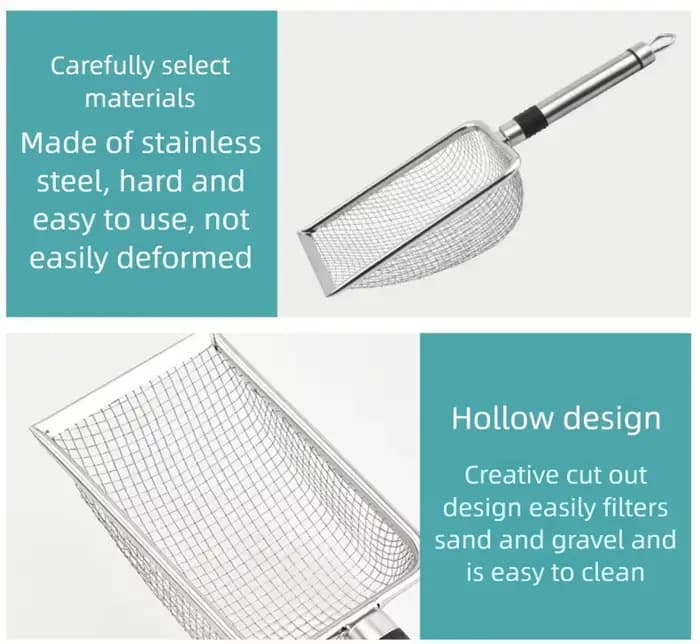 Pelle à litière pour chat en acier inoxydable avec tamis à mailles fines pour substrat de reptile