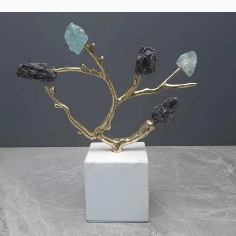 Sculptures en pierre de cristal naturel, Arbre en cristal doré, Ornement de branche en laiton, Figurine en métal, Accessoires de décoration intérieure