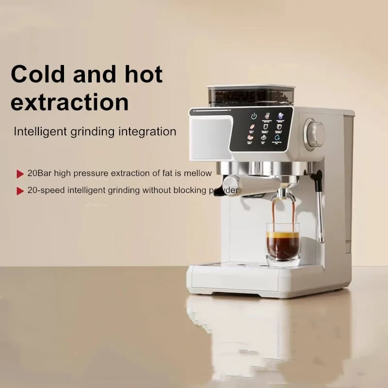 Machine à café 2-en-1 pour boissons chaudes et froides avec moulin intégré et mousseur à lait | Machine à expresso compacte pour la maison, le bureau et les petits cafés