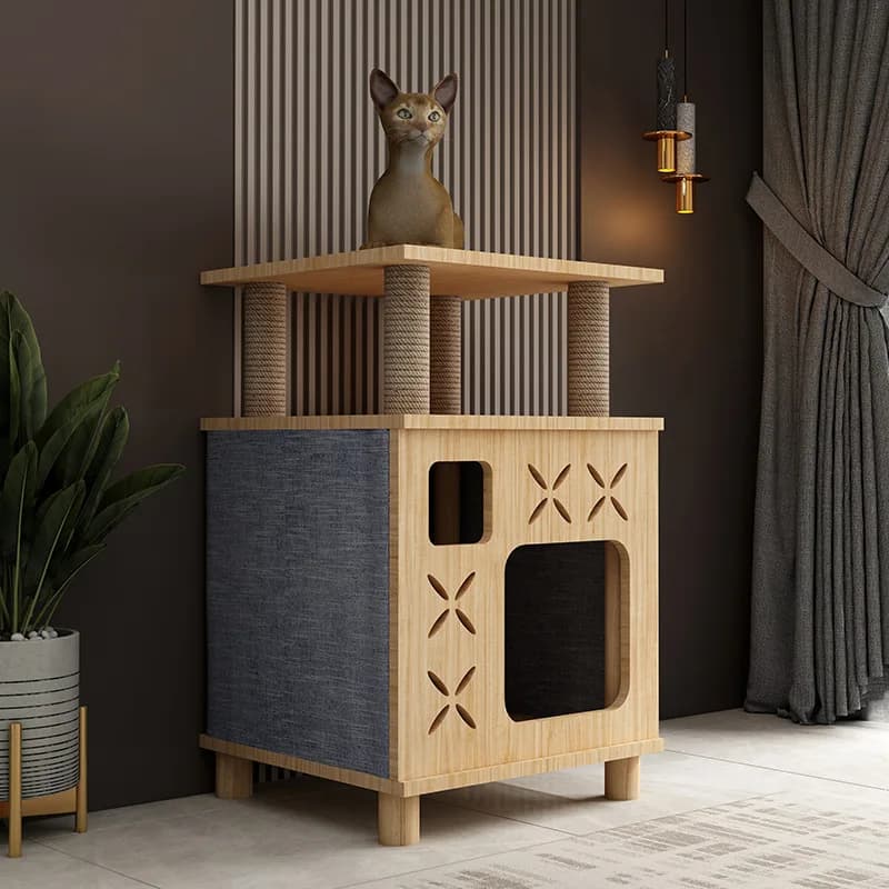 Arbre à chat pour chats d'intérieur, structure d'escalade en bois de pin massif, poteau à gratter en corde de sisal naturelle, mobilier pour chat peu encombrant