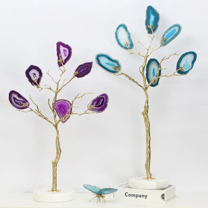 Artisanat métallique, Arbre d'Agate Doré, Plaques d'Agate de Couleur Naturelle, Plante Artificielle, Figurines Décoratives en Métal, Décoration d'Intérieur