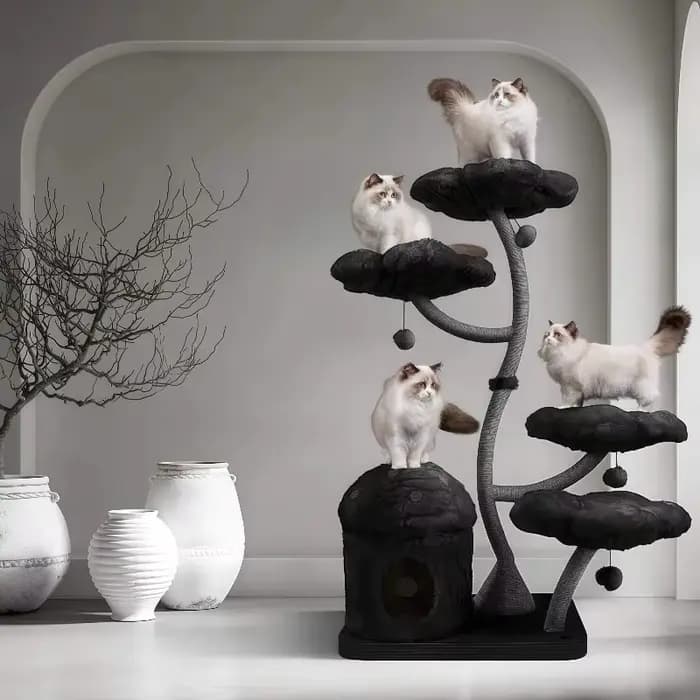 Arbre à chat luxueux et haut avec maison en forme de fleur