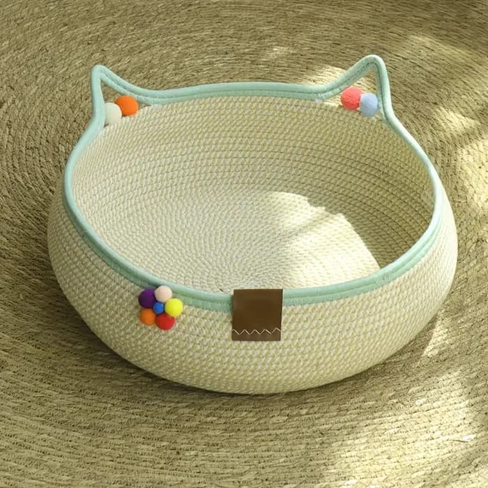 Lit pour chat de compagnie en rotin rond tressé à la main, panier rafraîchissant d'été pour chaton, paniers à gratter pour chat en corde de coton