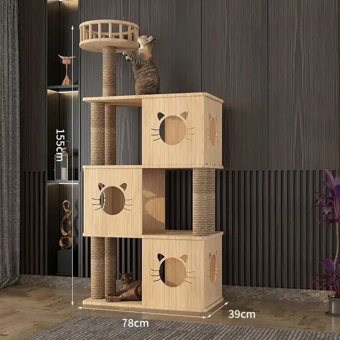 Arbre à chat en bois massif intégré à une villa pour animaux de compagnie et un lit