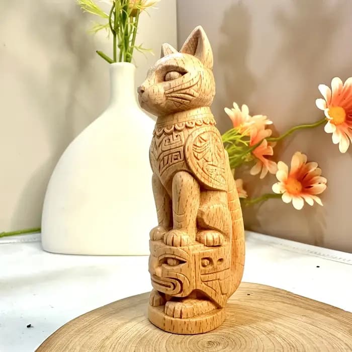 Statue de totem de chat en bois de 3,9 pouces, sculptée à la main, style tribal, adaptée à la décoration de la maison, du salon, de la chambre, du bureau, de la salle d'étude, de la table à thé, cadea