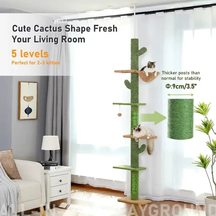 Arbre à chat réglable en hauteur pour intérieur, tour pour chat du sol au plafond avec poteaux à gratter, condo pour chat, hamac et balles suspendues
