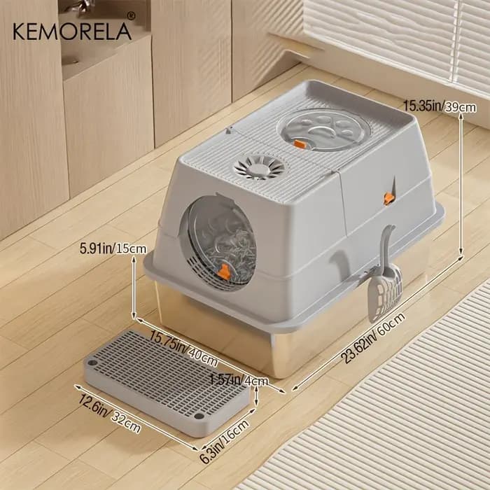 KEMORELA Bac à litière pour chat en acier inoxydable avec couvercle – Conception haute face fermée anti-odeur avec cuillère anti-fuite et facile à nettoyer