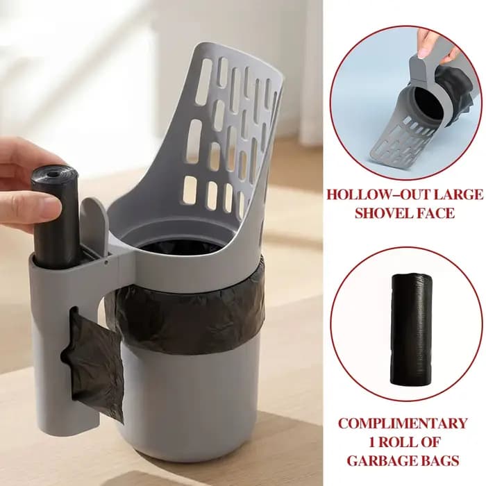 Pelle à litière pour chat 2-en-1 avec conteneur de rangement, pelle tamis à litière détachable avec distributeur de sacs intégré, litière pour chat portable